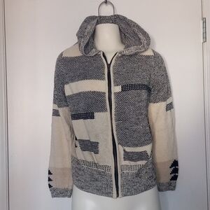 Sparrow Knit Front Zippered Hooded Black and White Pattern Sweater